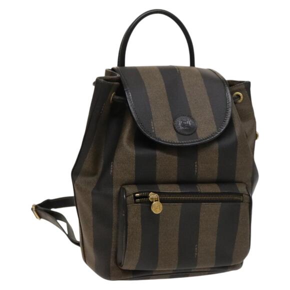FENDI Pecan Canvas Backpack Pvc Brown Black Gold - Picture 1 of 13
